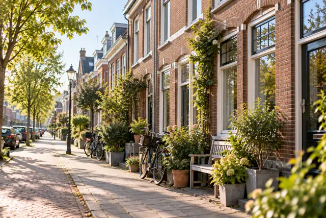 Zonnige stoep langs bakstenen rijtjeshuizen met fietsen, plantenbakken, een houten bank en een ouderwetse lantaarnpaal.